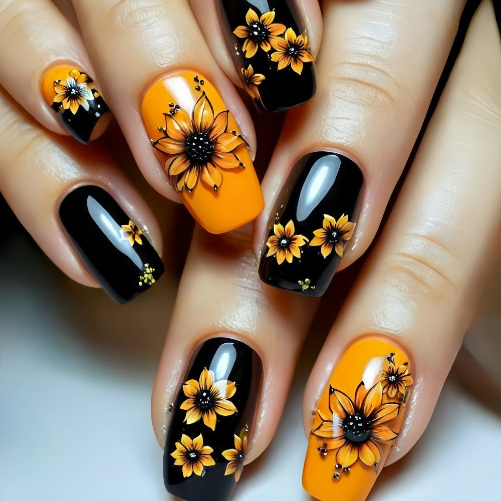 Artificial nails in floral design with sunflower motif Kalsten