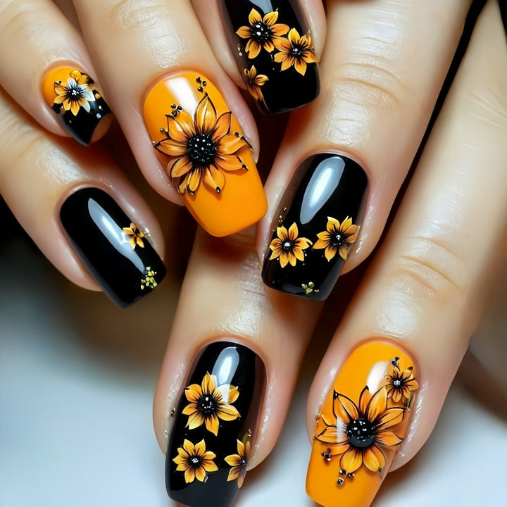 Artificial nails in floral design with sunflower motif Kalsten