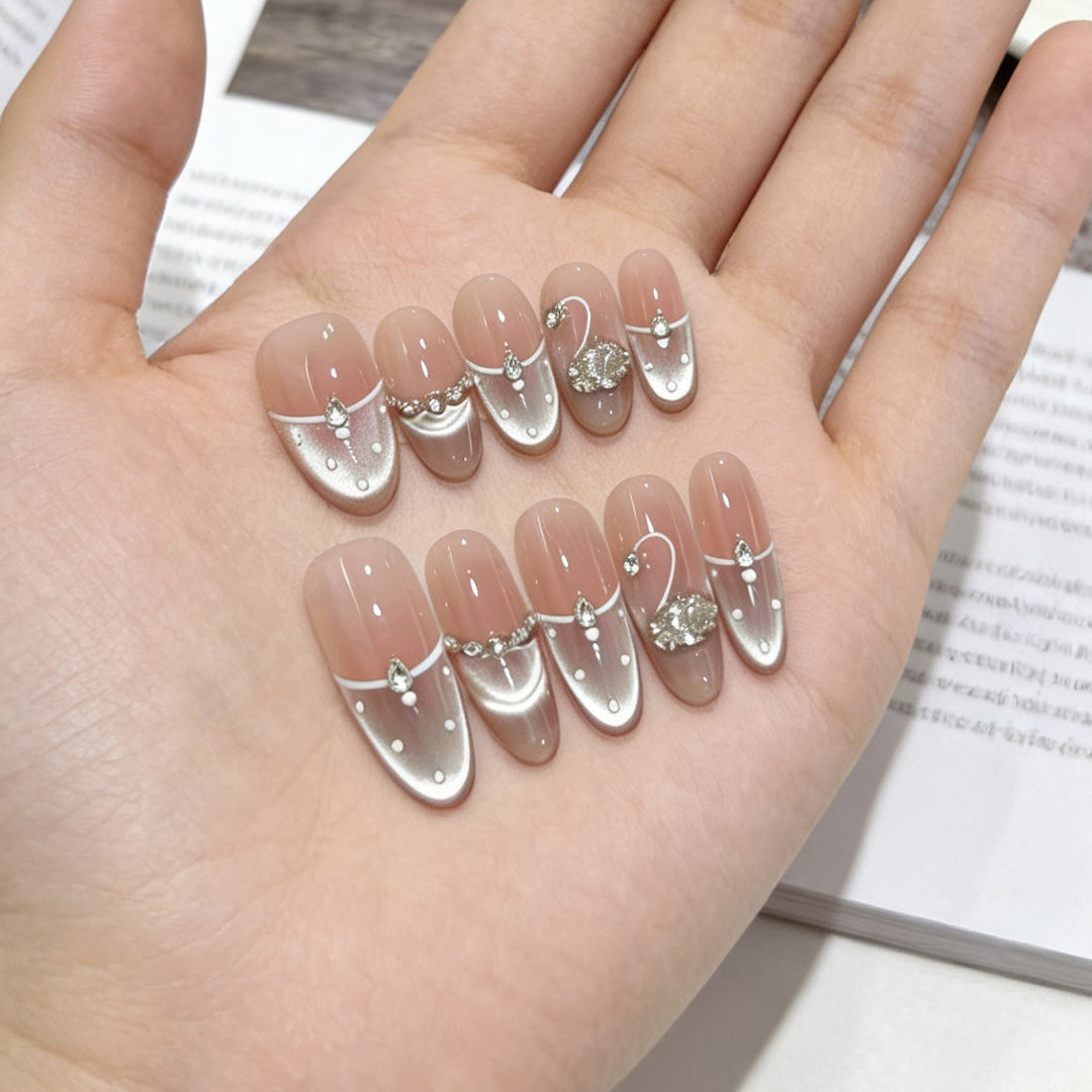 Decorative Press-On Nails with Elegant Swan and Gemstone Accents Kalsten