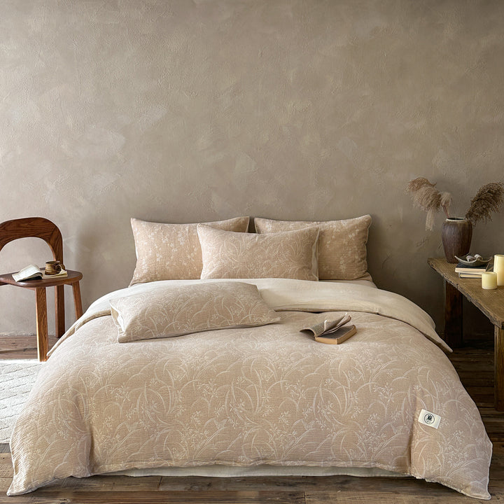 Luxurious cotton-linen bedding set with a lightweight quilted texture and floral jacquard