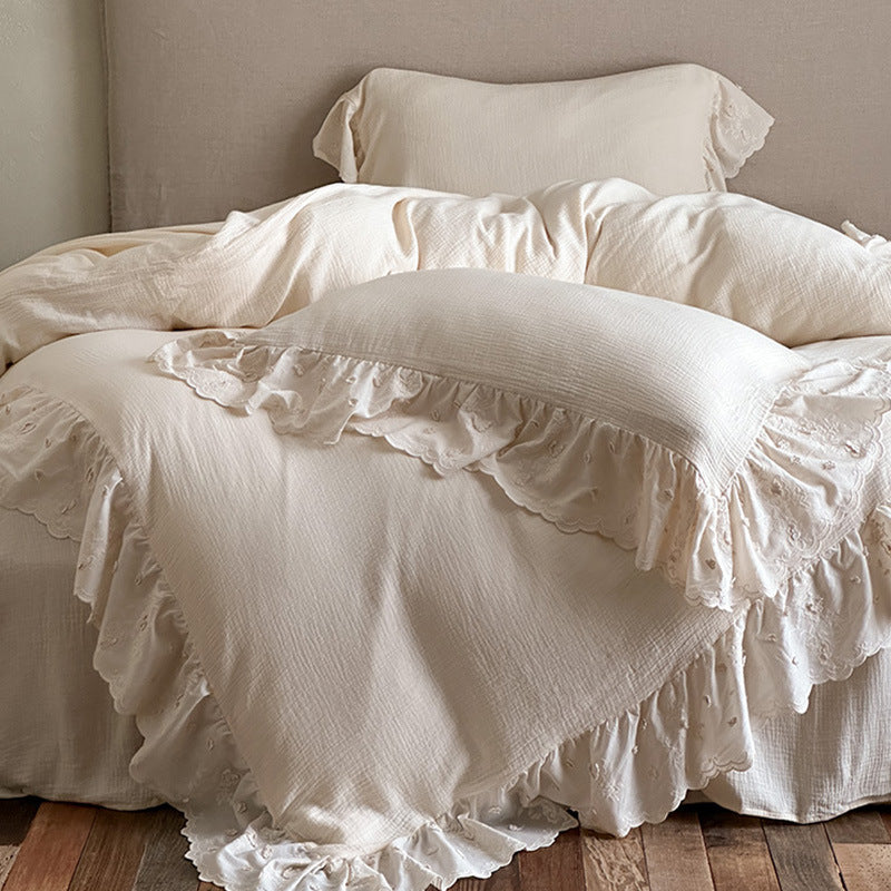 Romantic bedding set made of cotton-linen with embroidered lace, ruffle, and bed skirt