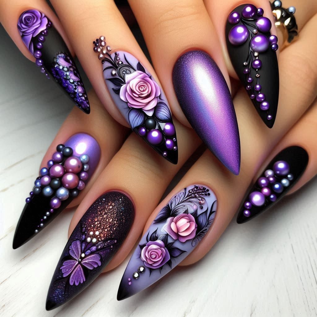 Elegant Artificial Nails with Raised Flower and Pearl Design Kalsten