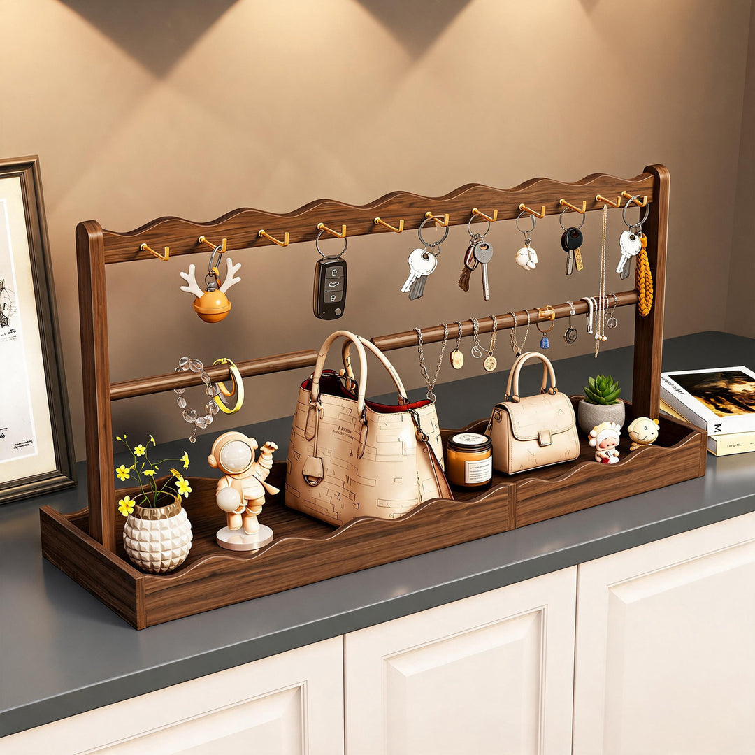 Wooden Entryway Valet Tray with Multi-Hook Key Rack & Jewelry Rod Organizer