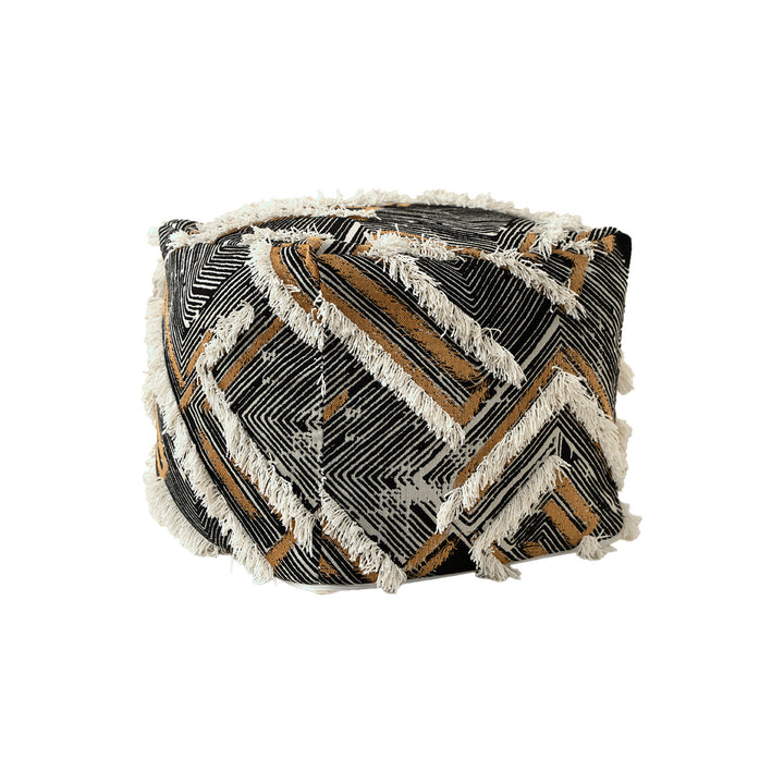 Filled floor seat pouf in ethnic jacquard with decorative fringes Kalsten