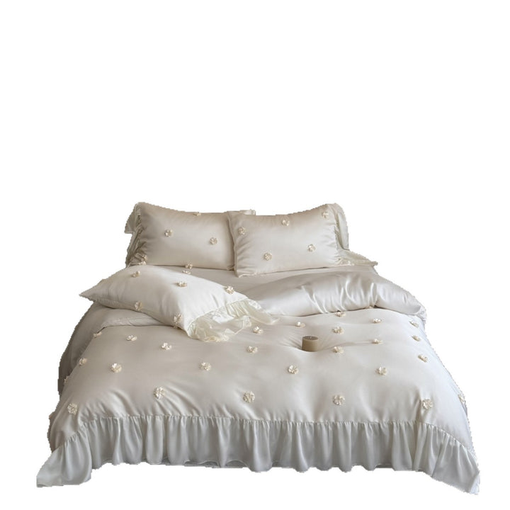 Luxurious satin bedding set with ruffles and 3D flowers