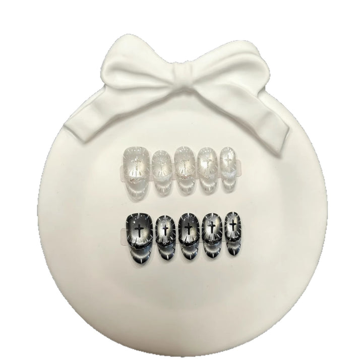 Artistic Press-On Nail Set with Unique Cross Designs