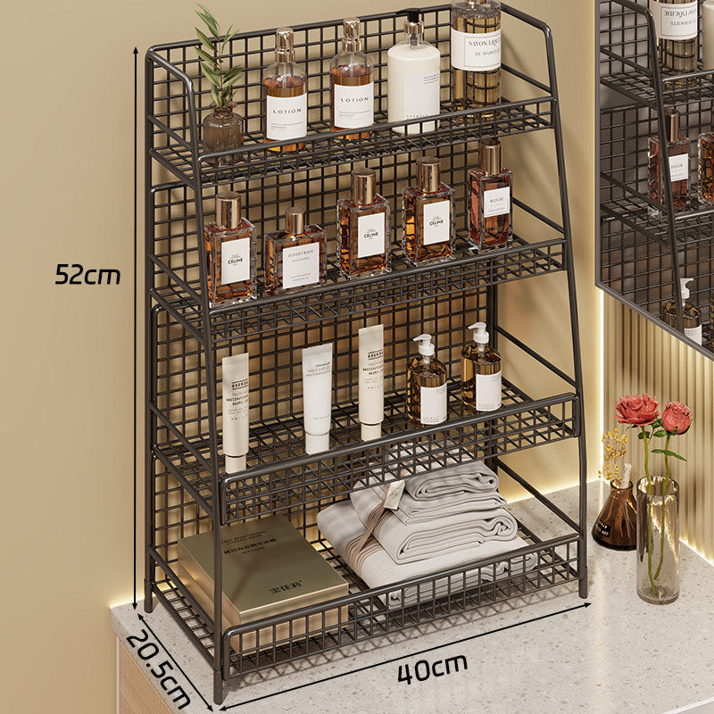 Angled Desktop Mesh Vanity and Countertop Organizer with Three Wire-Tier Baskets and Grid Back