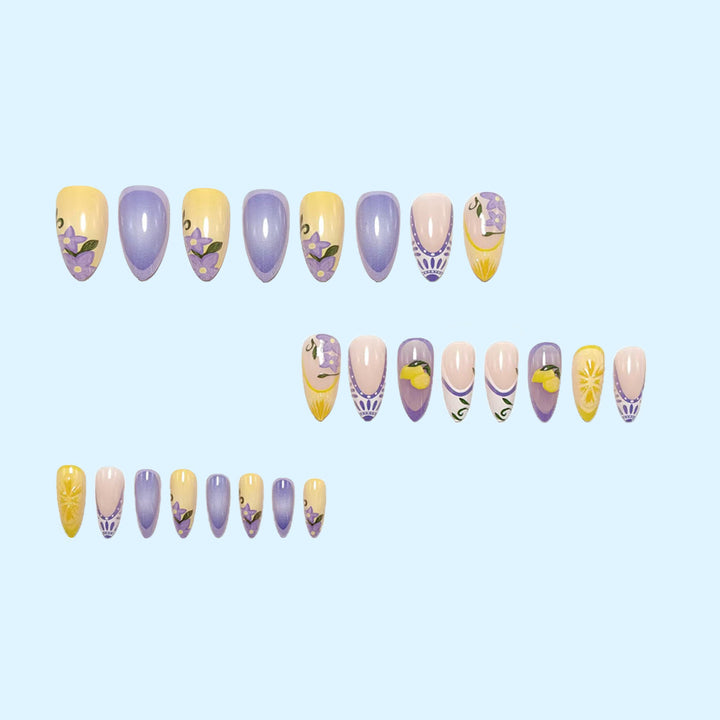 Artificial nails with creative lemon and lilac design Kalsten