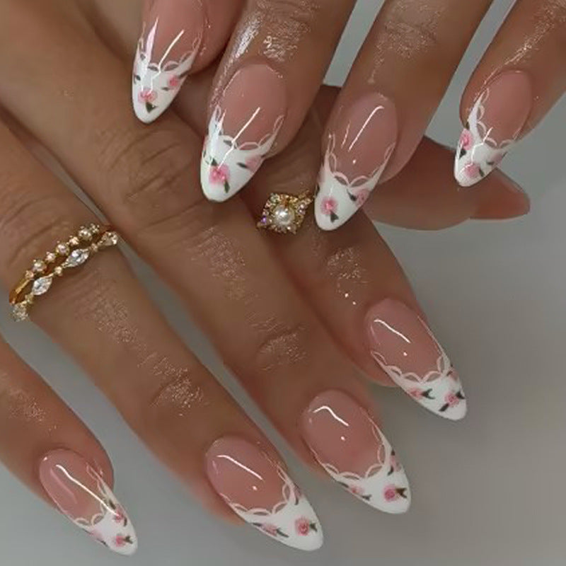 Artificial Nail Set with Elegant Flower and Lace Decorations Kalsten