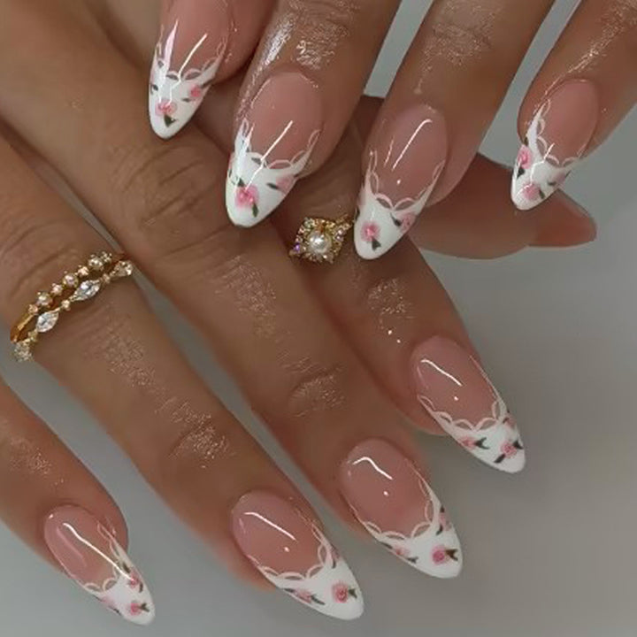 Artificial Nail Set with Elegant Flower and Lace Decorations Kalsten