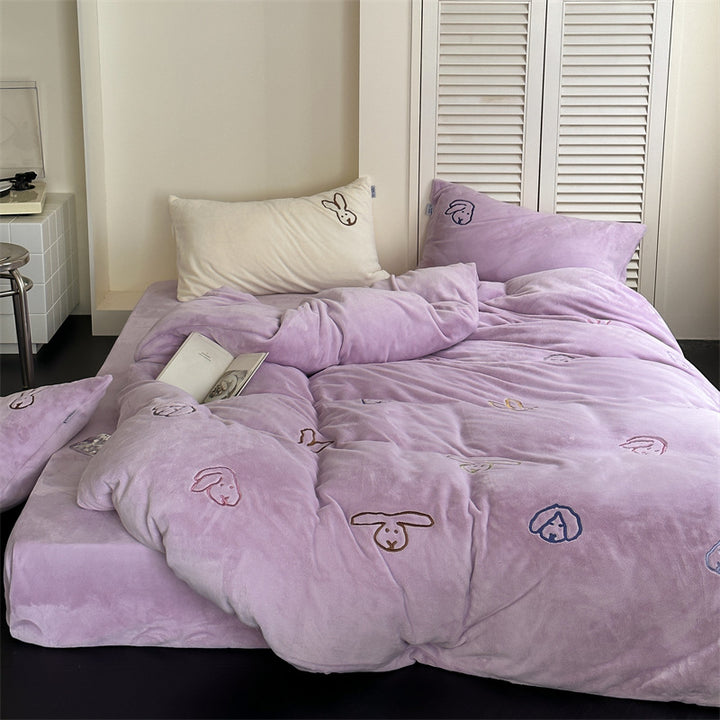 cozy fluffy microfiber bedding set with embroidered rabbit motifs