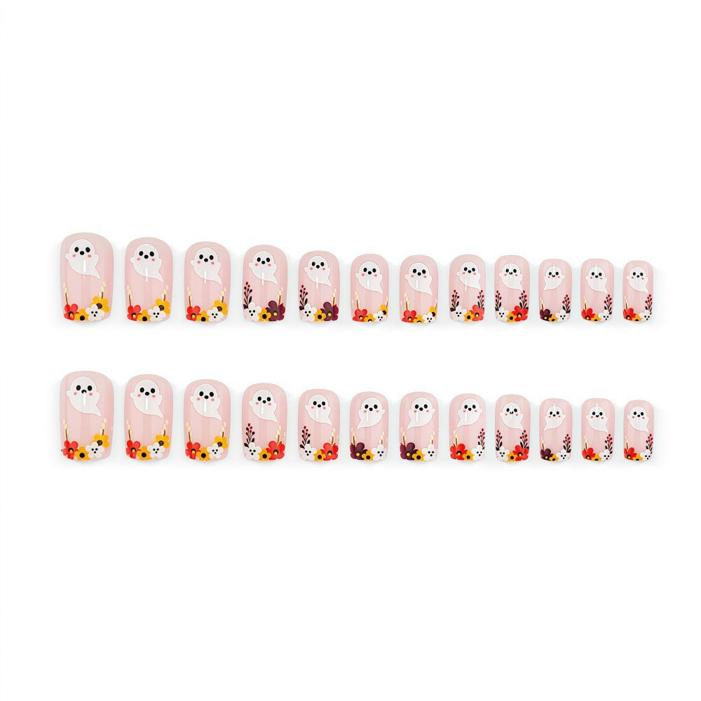 Artificial nails with ghost motif and flower accents Kalsten