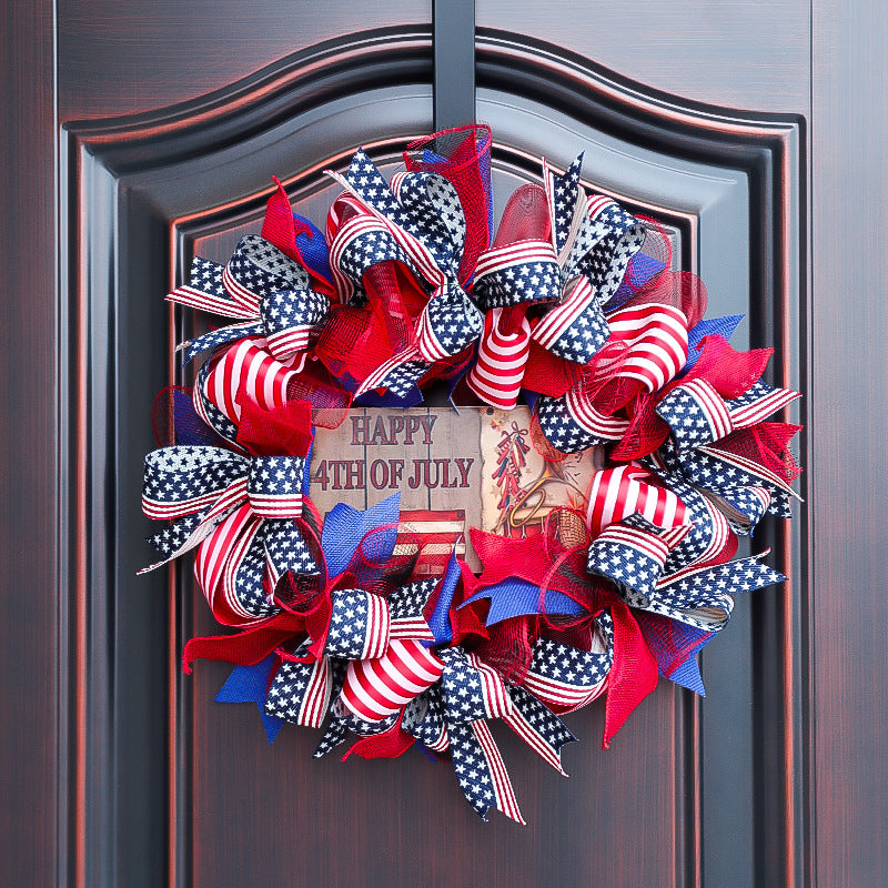 Unisex nan patriotic Americana fabric and wood door wreath with ribbon bows Kalsten