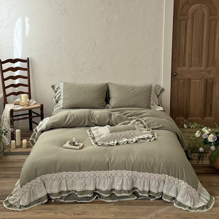 Romantic bedding set in country house style with ruffles and lace trim