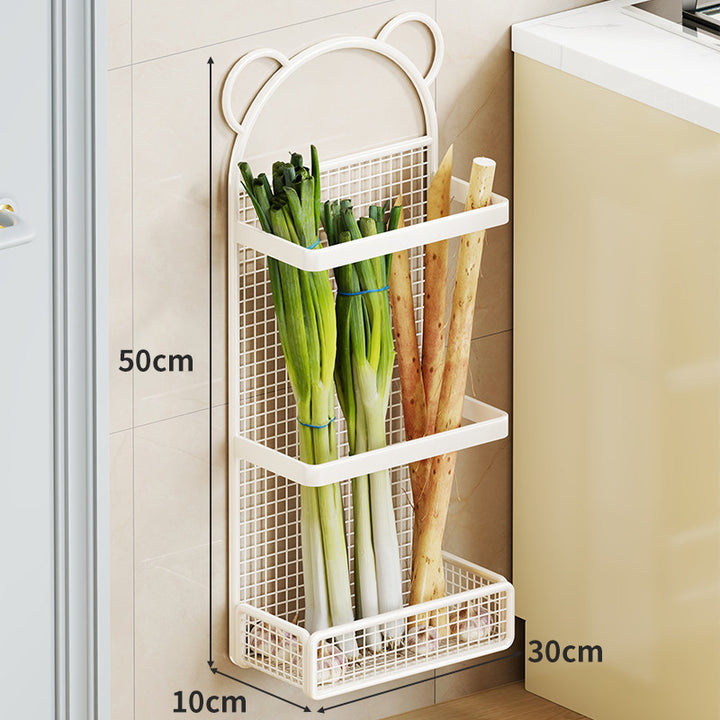 Wall-Mounted Vertical Mesh Produce Storage Rack with Three Tier Shelves and Bear-Ear Decorative Top