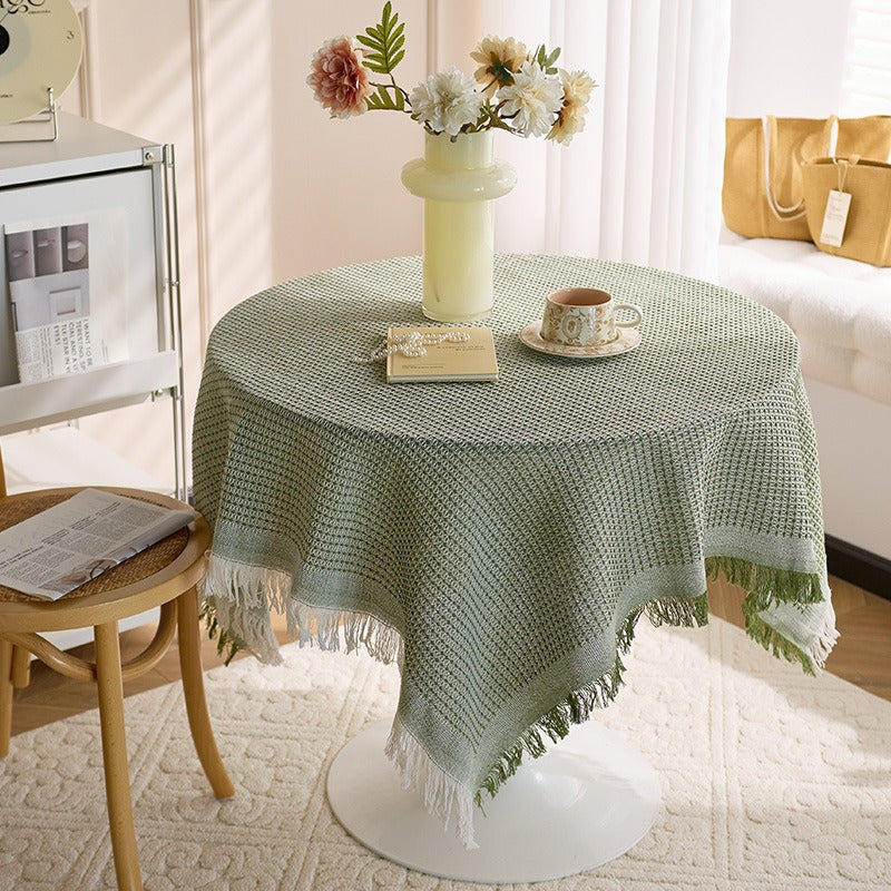 Round Textured Waffle-Weave Fringe Tablecloth with Tassel Edge
