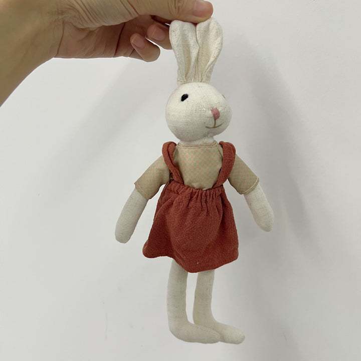 Handmade Linen Long-Leg Bunny Soft Toy with Embroidered Overalls
