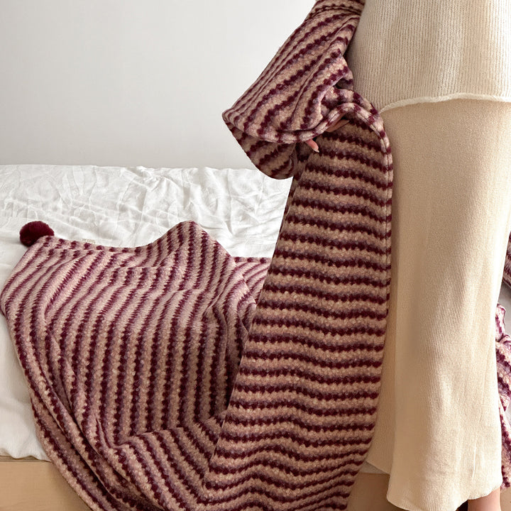 Oversized Striped Mohair Blend Scarf with Pom Pom