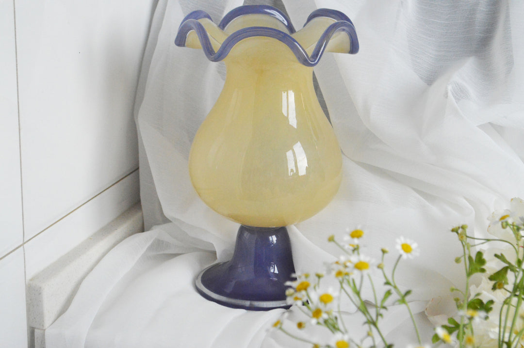 Handblown Fluted Pedestal Art Glass Trumpet Vase Kalsten