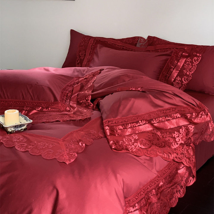 Extravagant satin bedding set with lace appliqué and pillowcases