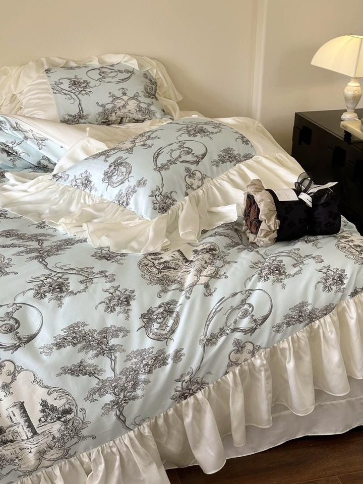 Ruffled satin bedding set in vintage toile design with frill