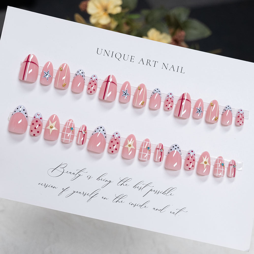 Decorative Artistic Press-On Nails with Star and Polka Dot Design