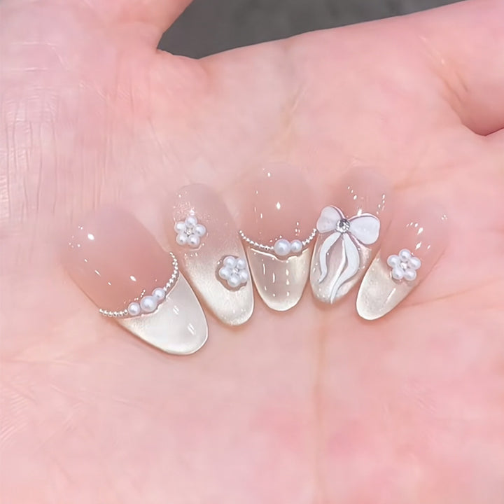 Decorative Press-On Nail Set with Pearl and Floral Accents Kalsten
