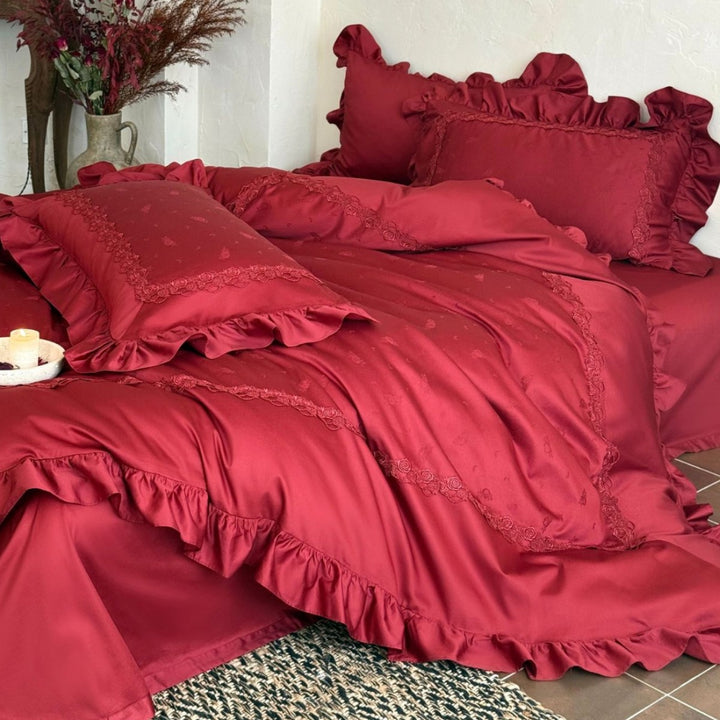 Luxurious bedding set with ruffles and delicate embroidery made of satin cotton