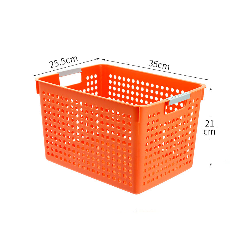 Flat plastic storage box with perforated side wall and grip recesses
