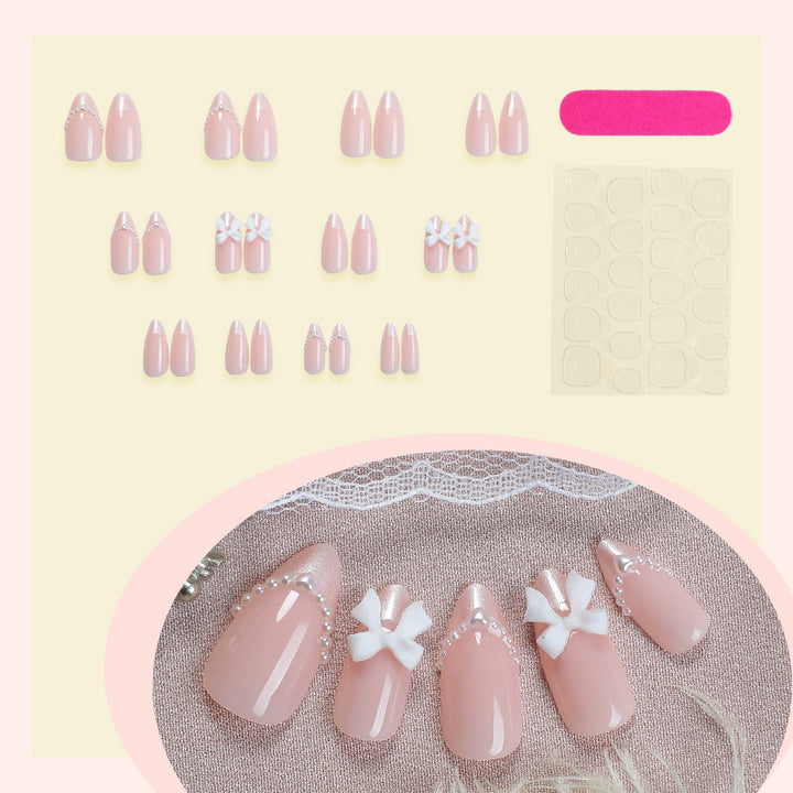 Decorative Press-On Nail Art Set with Elegant Bow and Pearl Accents kalsten