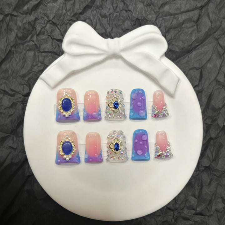 Artistic Premium Press-On Nail Set with Decorative Gem Accents