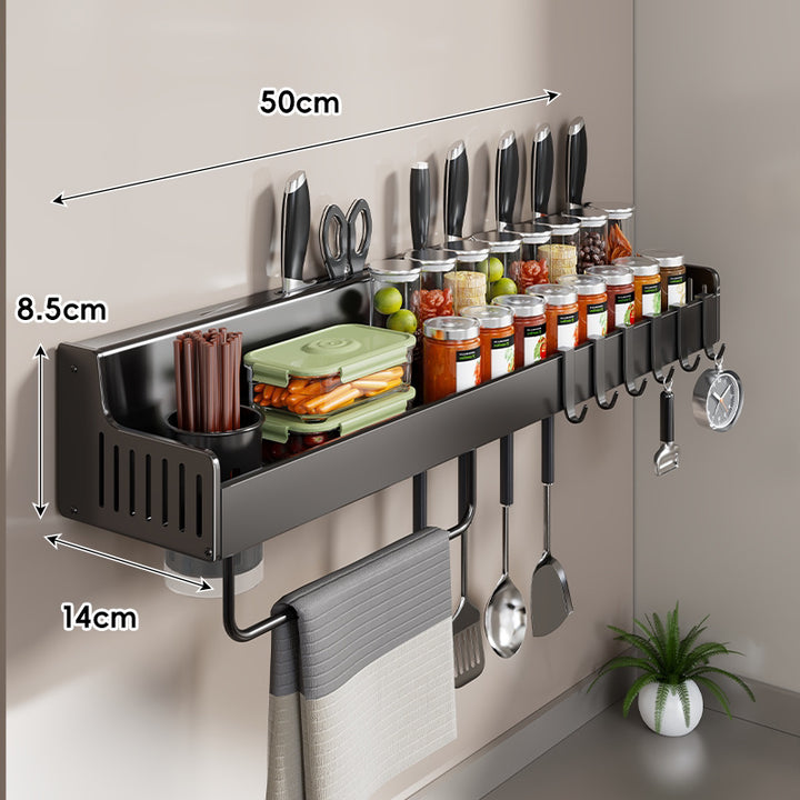 Wall-Mounted Stainless Steel Kitchen Rail with Knife Slots Spice Jar Shelf Multi-Hook Towel Bar