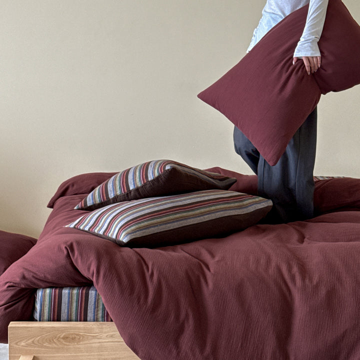 Organic Cotton Duvet Cover Set with Striped Pillowcases and Structured Crinkle Look