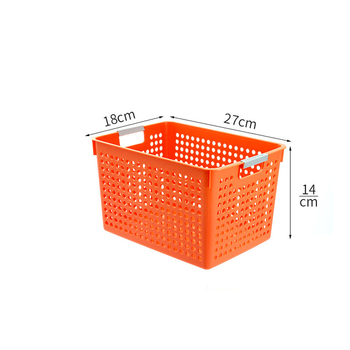 Flat plastic storage box with perforated side wall and grip recesses