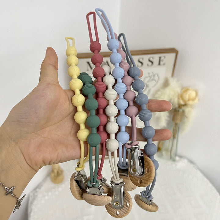 Silicone Beaded Pacifier Clip with Wooden Holder