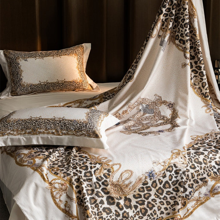 Luxurious satin bedding set with baroque leopard pattern