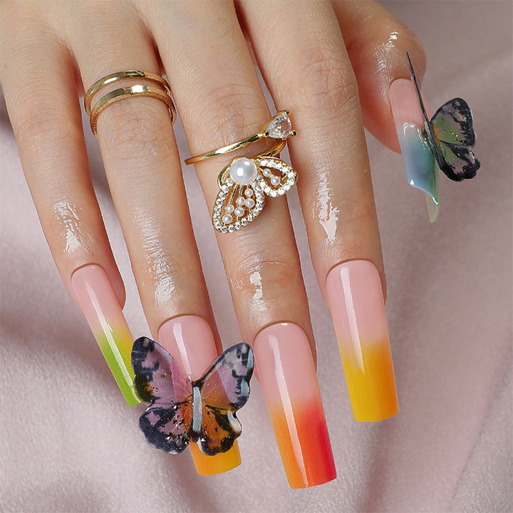 Artistic Press-On Nail Set with Butterfly and Gradient Design kalsten