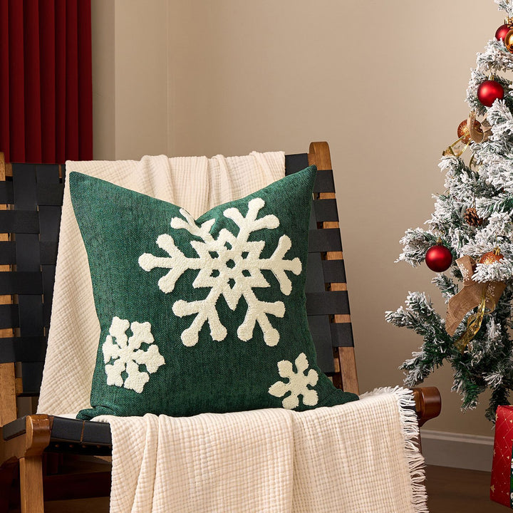 Square Velvet Embroidered Snowflake Pillow Cover with Corner Tassels