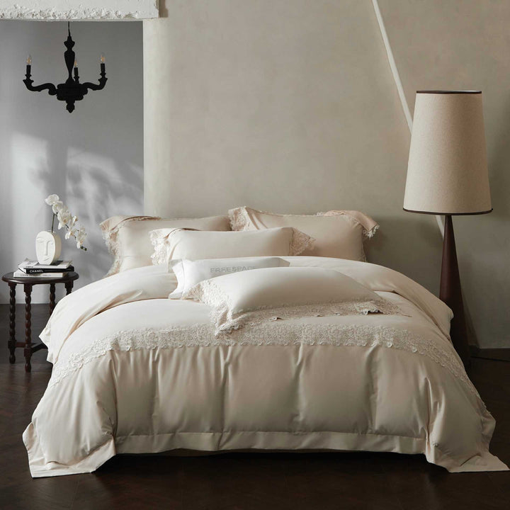 Luxurious cotton satin bedding set with decorative lace