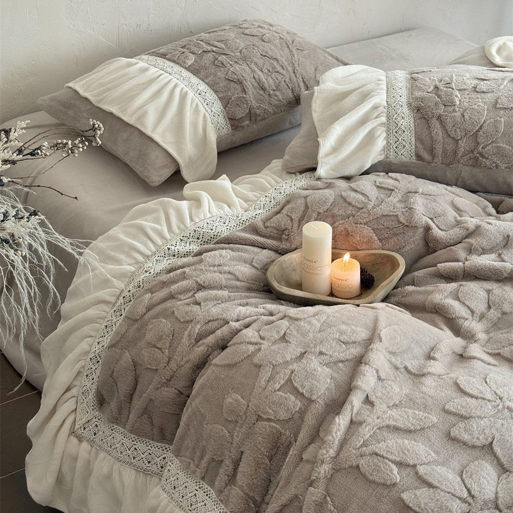 Romantic quilted bedding set with ruffle, floral relief, and neck roll