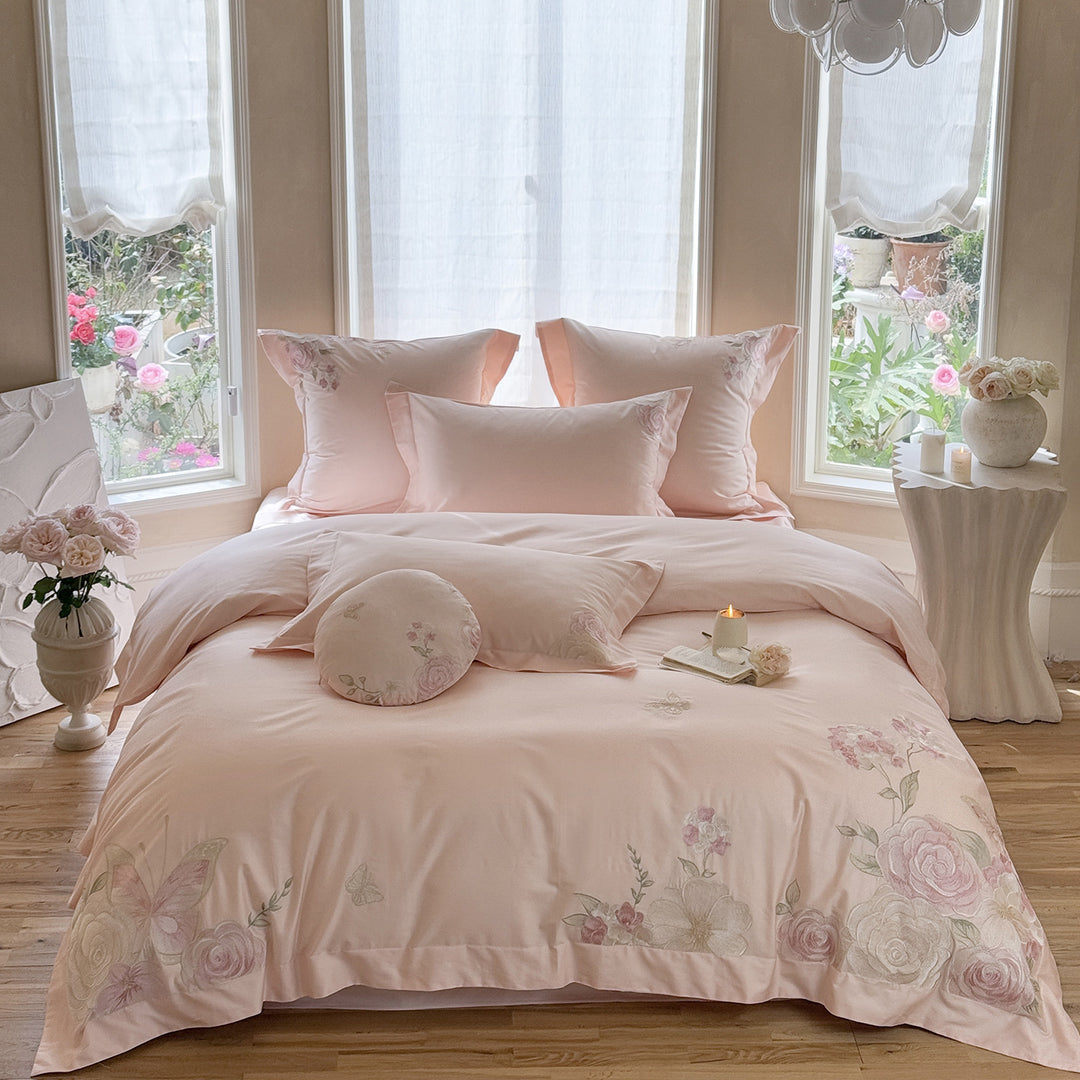 luxurious cotton satin bed linen set with floral embroidery