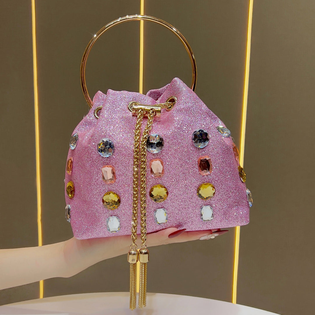 Sparkling Rhinestone-Embellished Drawstring Handbag