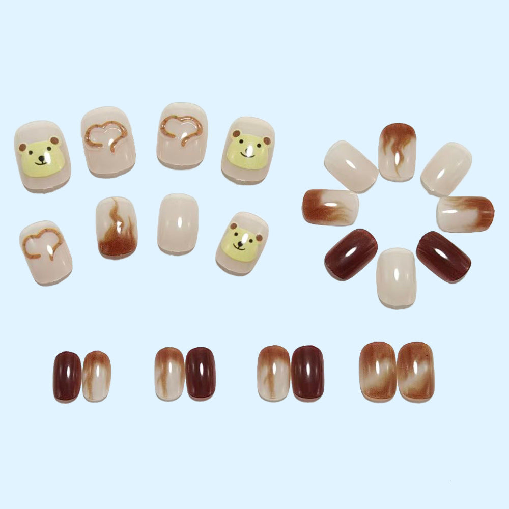 Artificial nails with cute bear design and elegant color gradients Kalsten