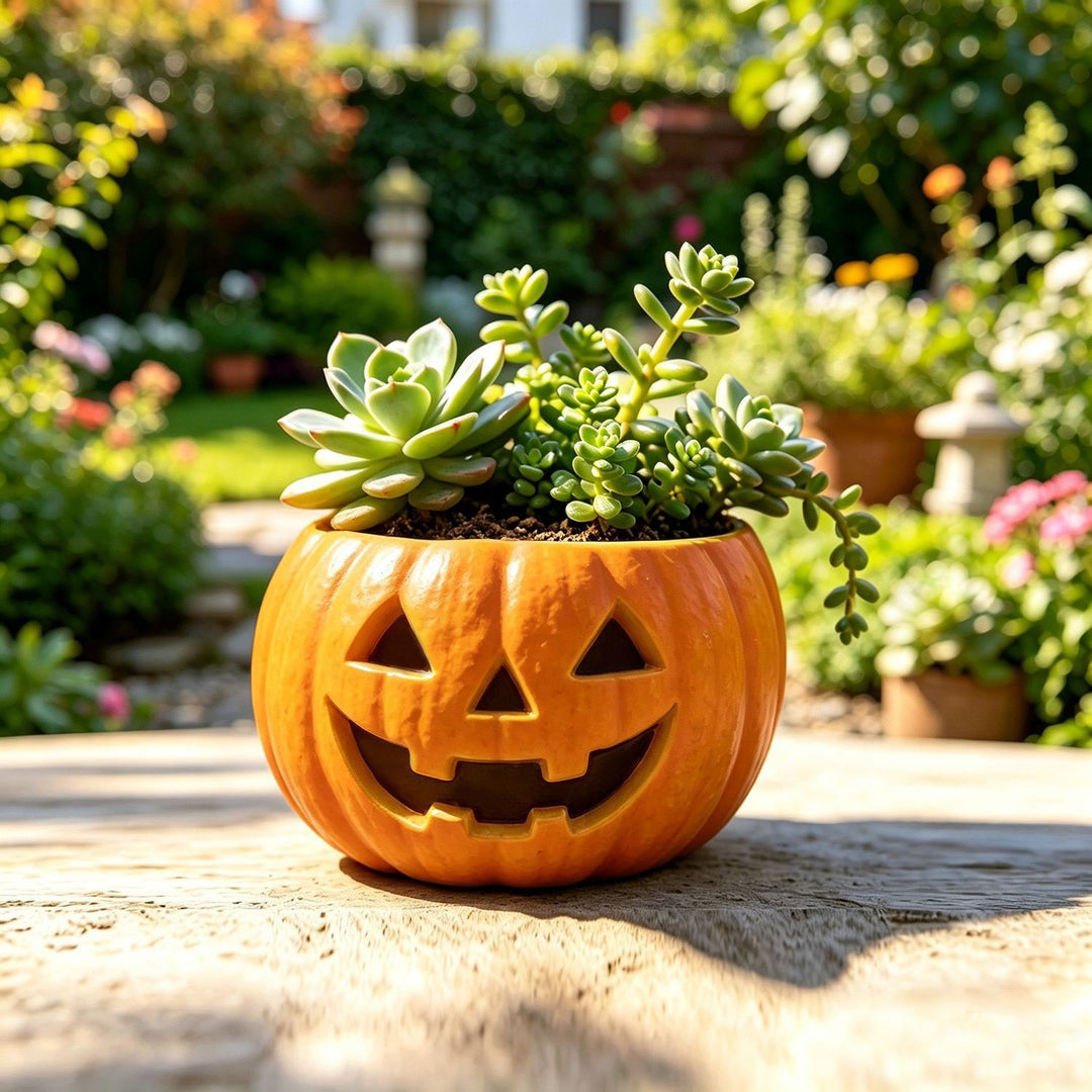 Ceramic pumpkin flower pot with carved pumpkin face and succulent insert