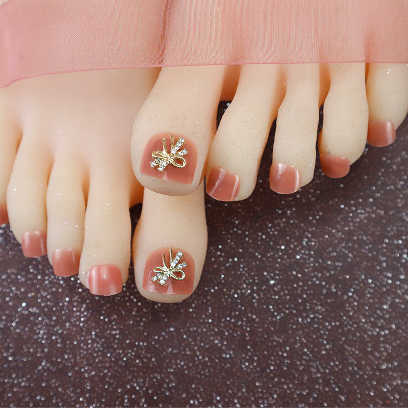 Glamorous Decorative Press-On Toenail Set with Rhinestone Bow Accents