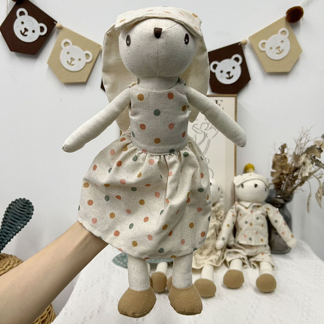 Handmade Linen Plush Mouse Doll with Gingham Overalls