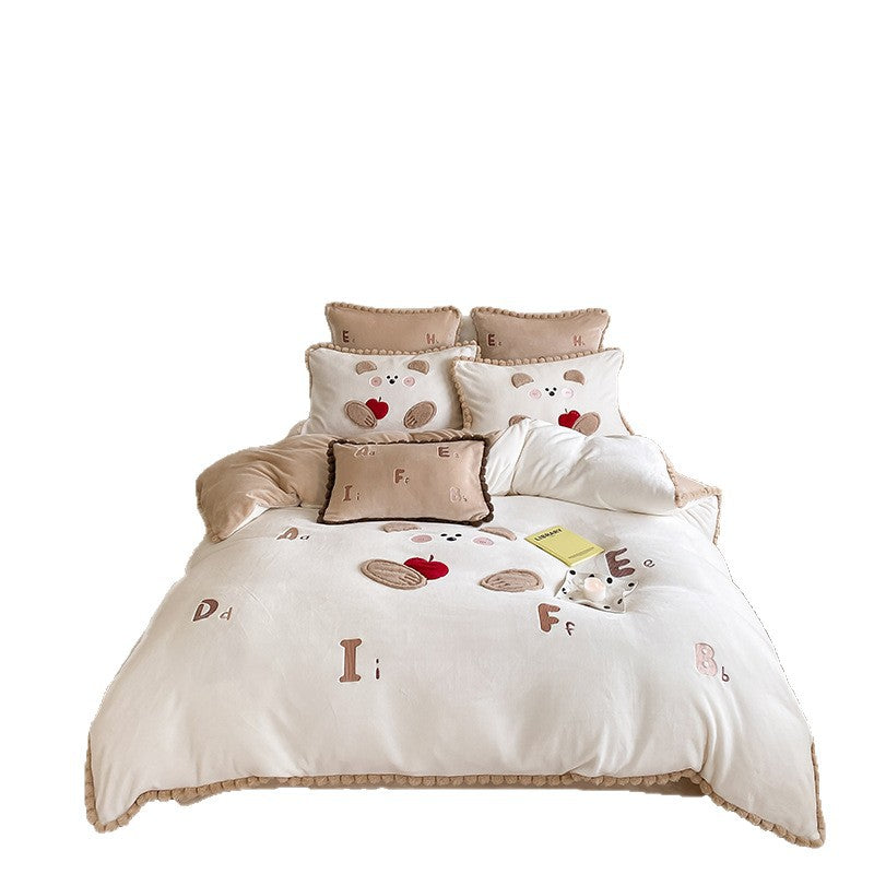 Kids Bedding Set with Plush Puppy, Vichy Check and Pom-Pom Trim