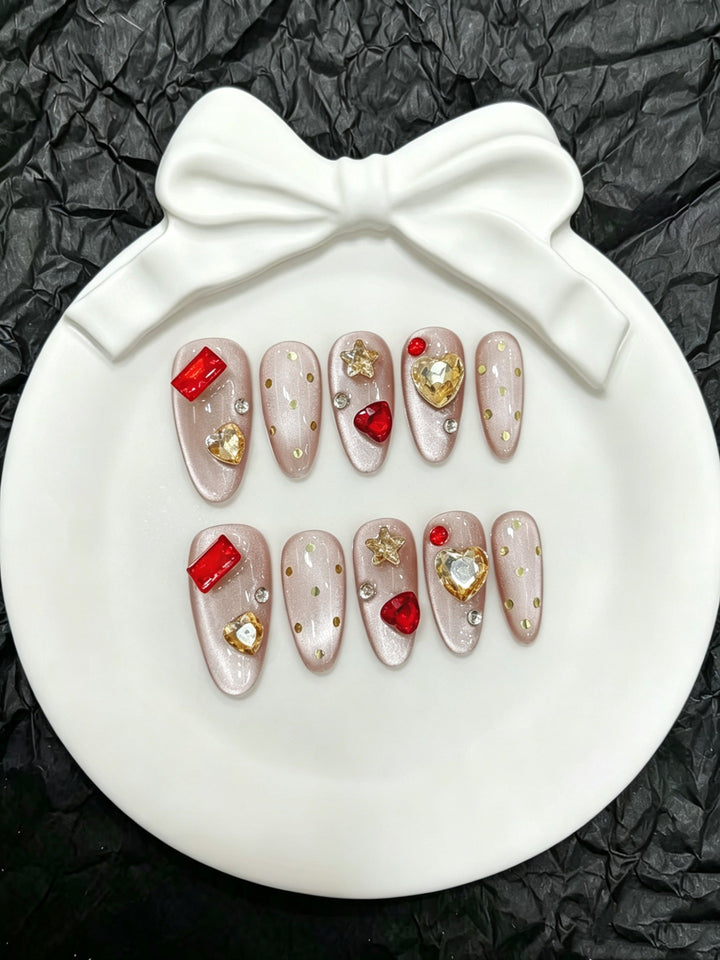 Artistic Press-On Nail Set with Glamorous Gem Accents