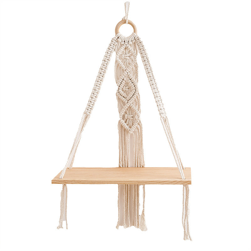 Macramé Hanging Shelf with Natural Wood Base Kalsten