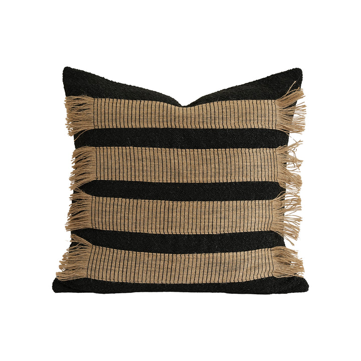 Rectangular boucle decorative pillow with hand-woven jute stripes and long fringes